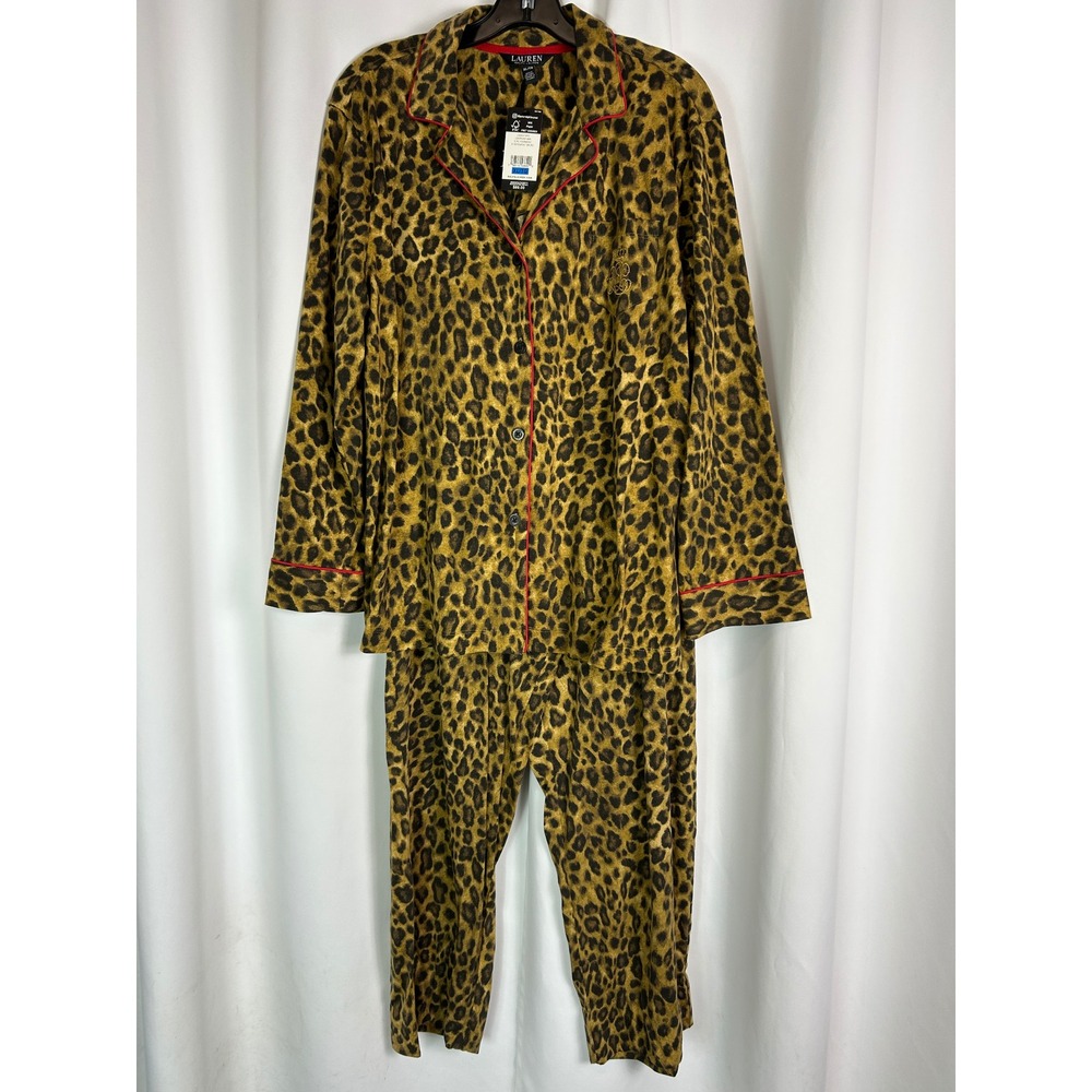 Lauren Ralph Leopard Print Brown Long Sleeve Pajama Set Loungewear XL